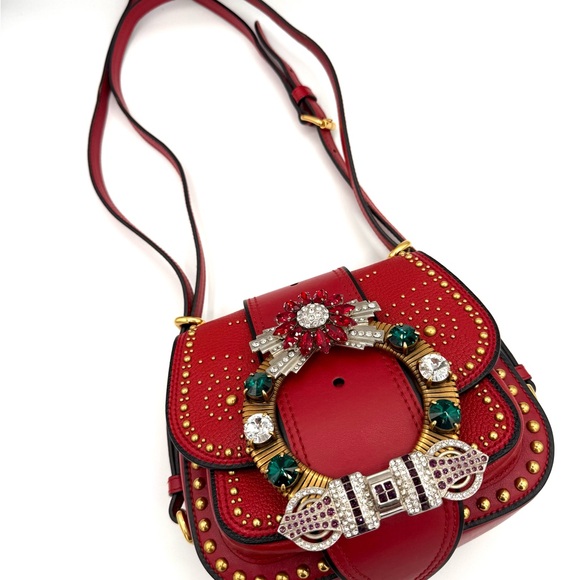 Miu Miu Red Dahlia Star Crossbody Bag with Embellishments